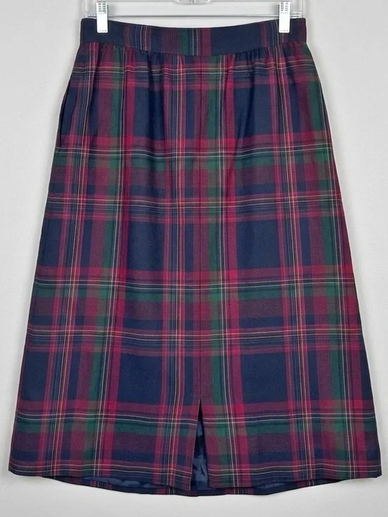 Vintage Pendleton Worsted Wool Plaid Midi Skirt Navy Red Green Pleated Size 10 - Picture 2 of 15